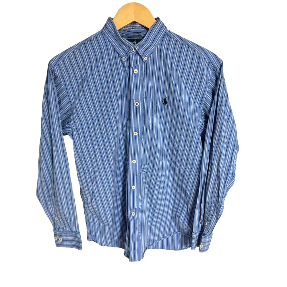 Ralph Lauren Striped Button Down Shirt Boys Size 18 Blue‎ White Pony Logo